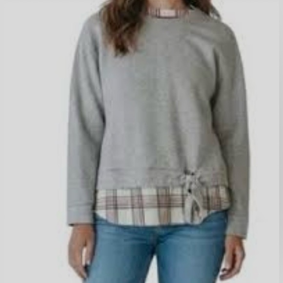 IZOD heathered sweatshirt with a faux layered plaid hem and a front tie detail L - Picture 2 of 8